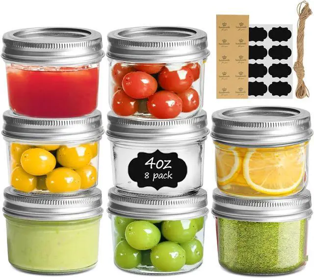 Main image of Mini Mason Jars 4 oz, 8 Pack Regular Mouth Glass Jars with Lids | BPA-Free Materials, Spice Rack, Small Jam, Honey Samples, Wedding Favors, DIY Candles, Labels and Twine