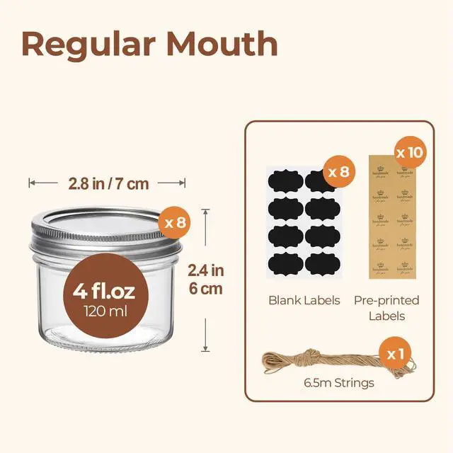 Alt view image 2 of 7 - Mini Mason Jars 4 oz, 8 Pack Regular Mouth Glass Jars with Lids | BPA-Free Materials, Spice Rack, Small Jam, Honey Samples, Wedding Favors, DIY Candles, Labels and Twine