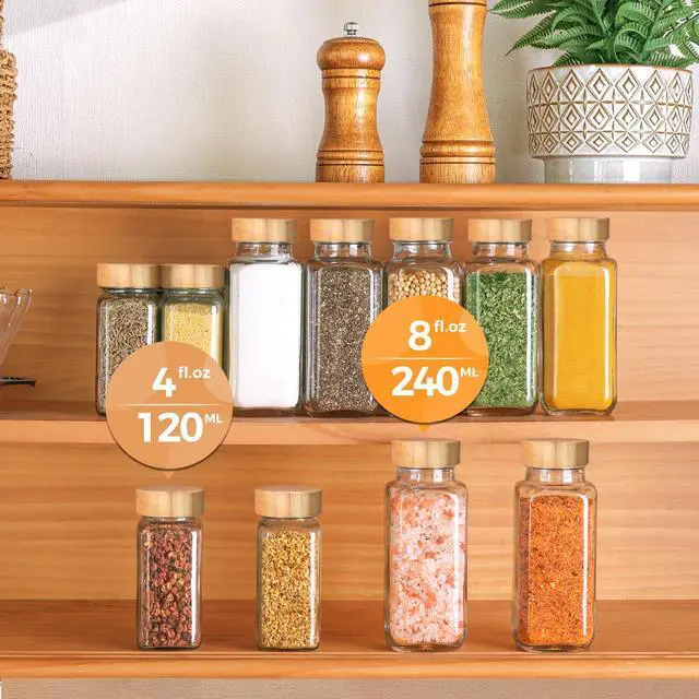 Alt view image 4 of 7 - Glass Spice Jars with with Labels 4 oz 6 Pack Small Bamboo Lids | Empty Containers, Seasoning Herb Powder, Salt Pepper Chili, Spice Rack Organization, Kitchen Cabinet Storage, Funnel Included