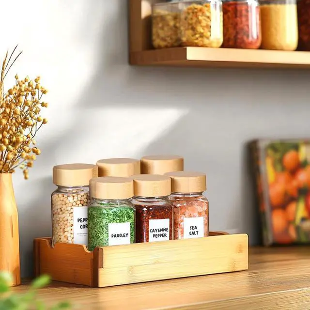 Alt view image 6 of 7 - Glass Spice Jars with with Labels 4 oz 6 Pack Small Bamboo Lids | Empty Containers, Seasoning Herb Powder, Salt Pepper Chili, Spice Rack Organization, Kitchen Cabinet Storage, Funnel Included