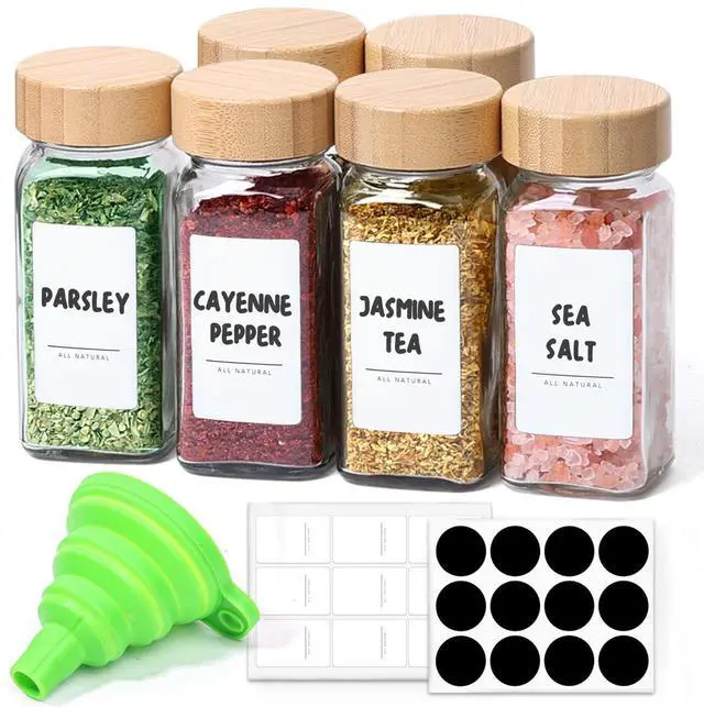 Main image of Glass Spice Jars with with Labels 4 oz 6 Pack Small Bamboo Lids | Empty Containers, Seasoning Herb Powder, Salt Pepper Chili, Spice Rack Organization, Kitchen Cabinet Storage, Funnel Included