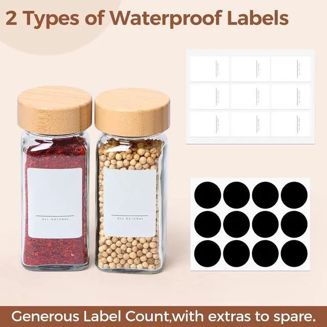 Alt view image 3 of 7 - Glass Spice Jars with with Labels 4 oz 6 Pack Small Bamboo Lids | Empty Containers, Seasoning Herb Powder, Salt Pepper Chili, Spice Rack Organization, Kitchen Cabinet Storage, Funnel Included