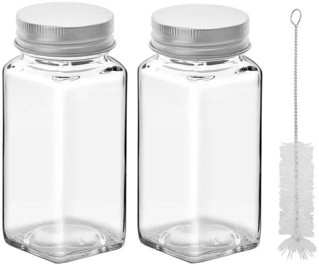Main image of 2Pcs 4oz Glass Spice Jars with Shaker Lids, Spice Jars Trial Set & Supplement Set, Empty Spice Containers and Square Spice Bottles for Kitchen (silver iron Lids)