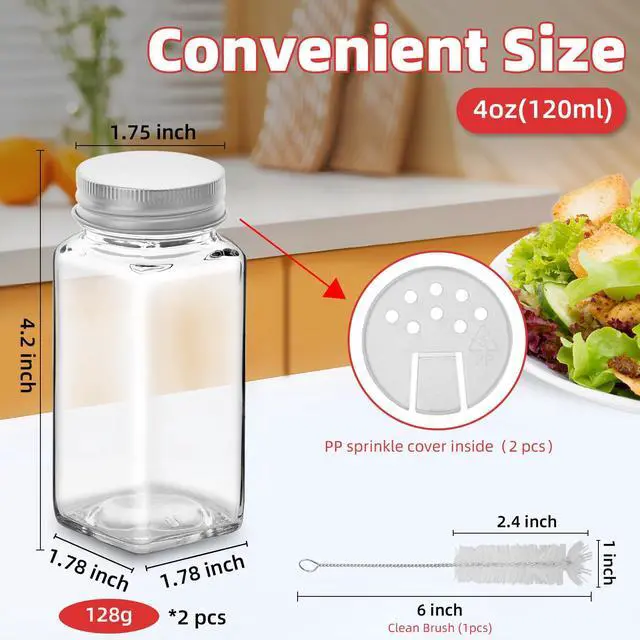 Alt view image 2 of 6 - 2Pcs 4oz Glass Spice Jars with Shaker Lids, Spice Jars Trial Set & Supplement Set, Empty Spice Containers and Square Spice Bottles for Kitchen (silver iron Lids)