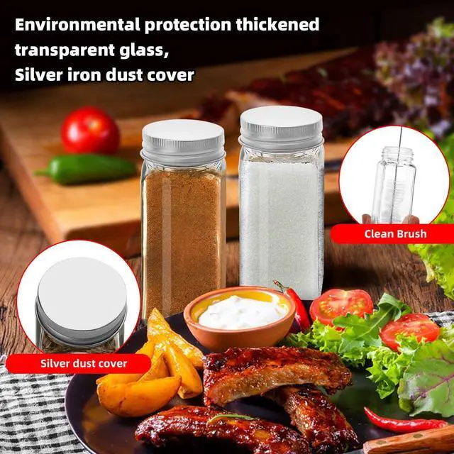 Alt view image 3 of 6 - 2Pcs 4oz Glass Spice Jars with Shaker Lids, Spice Jars Trial Set & Supplement Set, Empty Spice Containers and Square Spice Bottles for Kitchen (silver iron Lids)