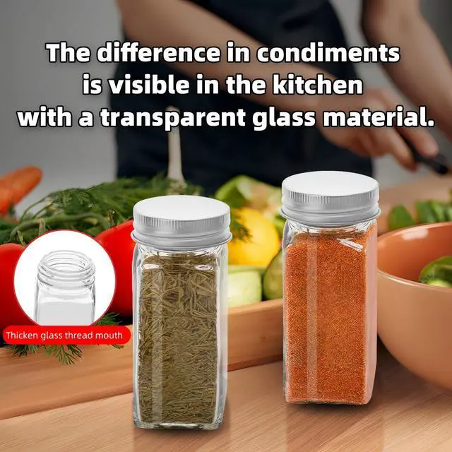 Alt view image 4 of 6 - 2Pcs 4oz Glass Spice Jars with Shaker Lids, Spice Jars Trial Set & Supplement Set, Empty Spice Containers and Square Spice Bottles for Kitchen (silver iron Lids)