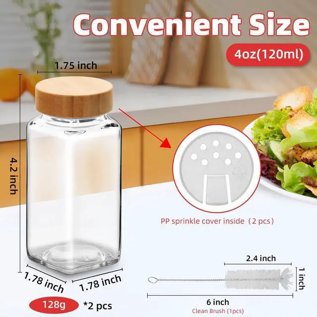 Alt view image 2 of 6 - 2Pcs 4oz Glass Spice Jars with Shaker Lids, Spice Jars Trial Set & Supplement Set, Empty Spice Containers and Square Spice Bottles for Kitchen (Bamboo Lids)