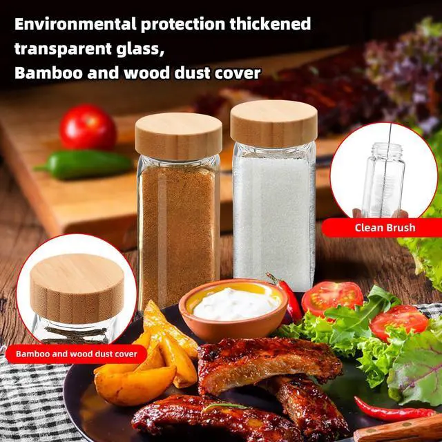 Alt view image 3 of 6 - 2Pcs 4oz Glass Spice Jars with Shaker Lids, Spice Jars Trial Set & Supplement Set, Empty Spice Containers and Square Spice Bottles for Kitchen (Bamboo Lids)