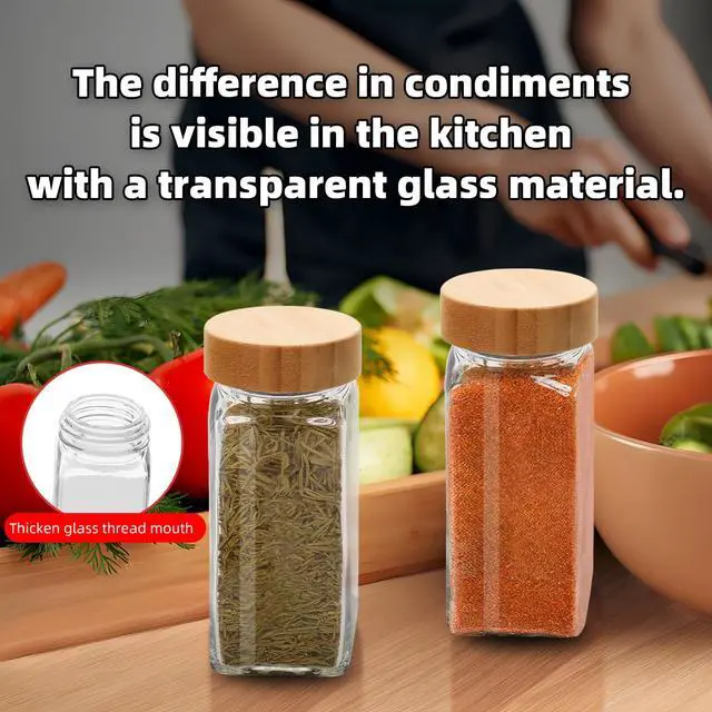 Alt view image 4 of 6 - 2Pcs 4oz Glass Spice Jars with Shaker Lids, Spice Jars Trial Set & Supplement Set, Empty Spice Containers and Square Spice Bottles for Kitchen (Bamboo Lids)
