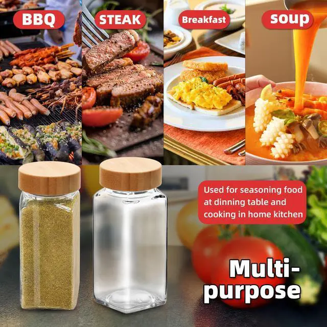 Alt view image 6 of 6 - 2Pcs 4oz Glass Spice Jars with Shaker Lids, Spice Jars Trial Set & Supplement Set, Empty Spice Containers and Square Spice Bottles for Kitchen (Bamboo Lids)