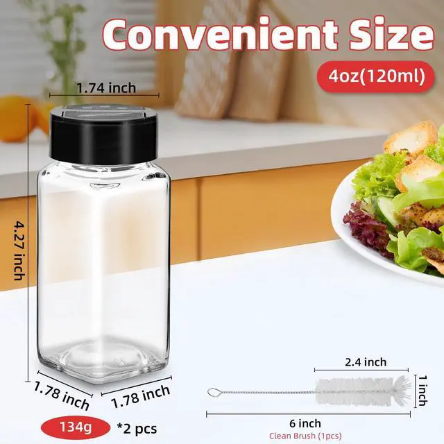 Alt view image 2 of 6 - 2Pcs 4oz Glass Spice Jars with Dual Sifter Cap, Spice Jars Trial Set & Supplement Set, Empty Spice Containers and Square Spice Bottles for Kitchen (2)
