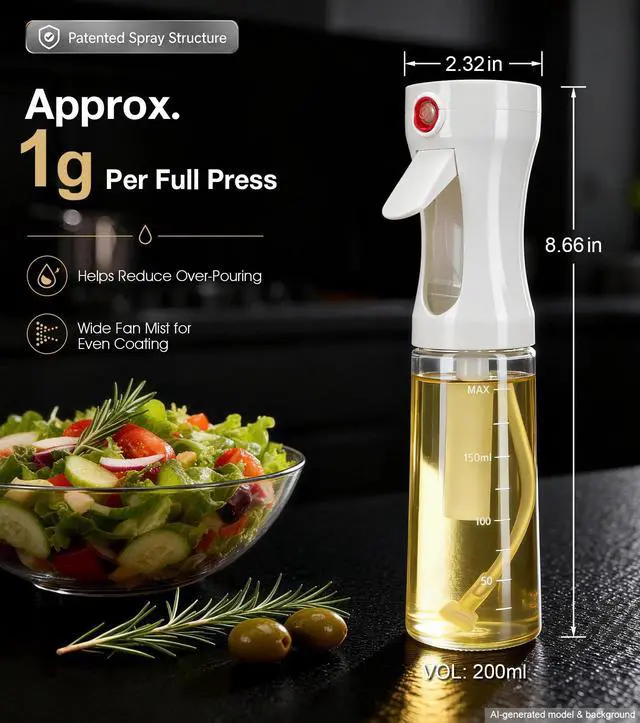 Alt view image 2 of 7 - Oil Sprayer for Cooking, Olive Oil Sprayer, Approx. 1g Per Press (1) | Patented Spray Structure, Glass Bottle, Wide Fan Mist, Built-in Filter for Air Fryer, Salad, BBQ and Baking