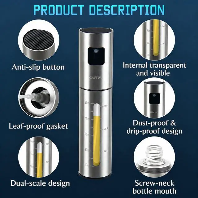 Alt view image 3 of 5 - Advanced Olive Oil Sprayer for Cooking, Kitchen Avocado Oil Spray Bottles, Oil Mister Dispenser, 304 Stainless Steel Shell & Food-safe PP Plastic inner Bottle, 100ml, Leak-Proof and Portable.