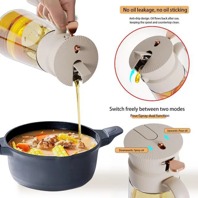 Alt view image 5 of 7 - 19.6 oz 2 in 1 Glass Olive Oil Sprayer for Cooking | Leak-Proof Oil Dispenser for Kitchen, Food-Grade Spray and Pour Bottle Air Fryer, BBQ, Salad, Baking - White