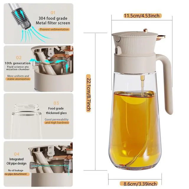 Alt view image 7 of 7 - 19.6 oz 2 in 1 Glass Olive Oil Sprayer for Cooking | Leak-Proof Oil Dispenser for Kitchen, Food-Grade Spray and Pour Bottle Air Fryer, BBQ, Salad, Baking - White