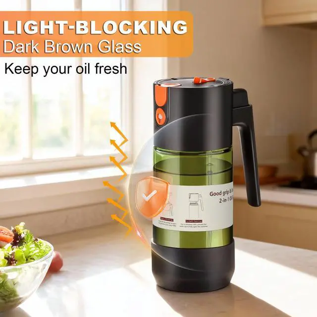 Alt view image 2 of 7 - 2-IN-1 Oil Sprayer for Cooking with 8 Stickers Light-Blocking Dark Glass Olive Oil Dispenser Bottle for Kitchen 500ml/16.9oz Oil Mister for Air Fryer, BBQ,Salad Even Spray with Portion Control