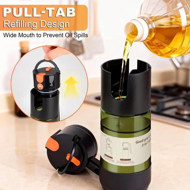 Alt view image 3 of 7 - 2-IN-1 Oil Sprayer for Cooking with 8 Stickers Light-Blocking Dark Glass Olive Oil Dispenser Bottle for Kitchen 500ml/16.9oz Oil Mister for Air Fryer, BBQ,Salad Even Spray with Portion Control