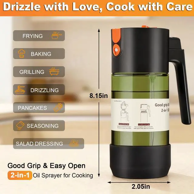 Alt view image 5 of 7 - 2-IN-1 Oil Sprayer for Cooking with 8 Stickers Light-Blocking Dark Glass Olive Oil Dispenser Bottle for Kitchen 500ml/16.9oz Oil Mister for Air Fryer, BBQ,Salad Even Spray with Portion Control