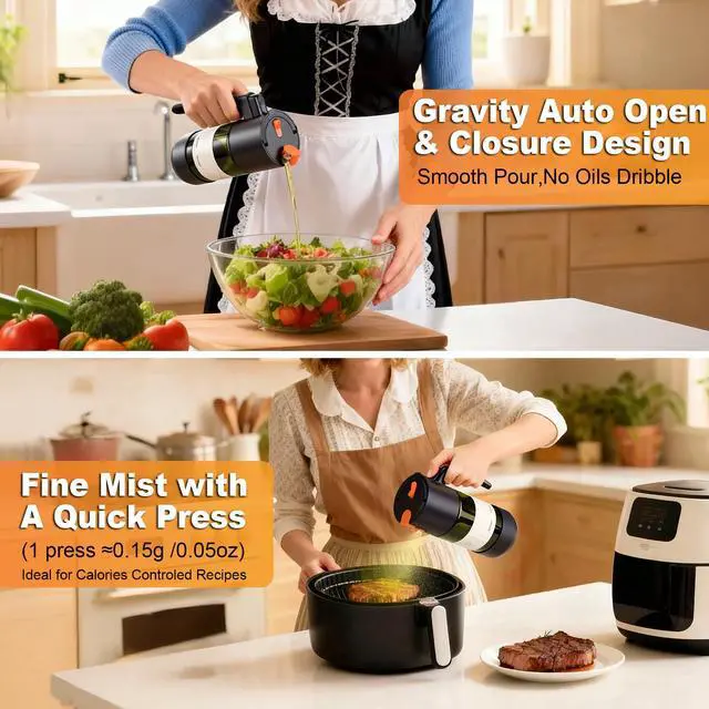 Alt view image 6 of 7 - 2-IN-1 Oil Sprayer for Cooking with 8 Stickers Light-Blocking Dark Glass Olive Oil Dispenser Bottle for Kitchen 500ml/16.9oz Oil Mister for Air Fryer, BBQ,Salad Even Spray with Portion Control
