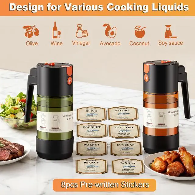Alt view image 7 of 7 - 2-IN-1 Oil Sprayer for Cooking with 8 Stickers Light-Blocking Dark Glass Olive Oil Dispenser Bottle for Kitchen 500ml/16.9oz Oil Mister for Air Fryer, BBQ,Salad Even Spray with Portion Control