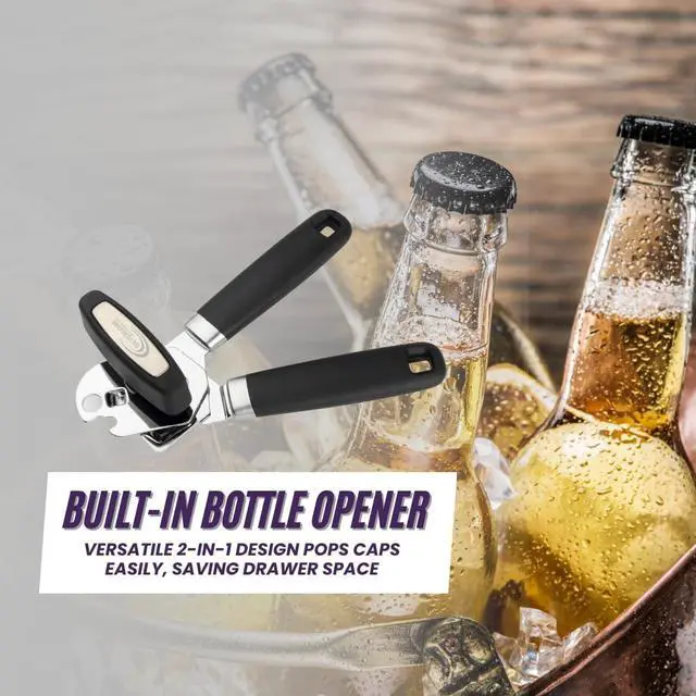 Alt view image 3 of 6 - Heavy Duty Stainless Steel Manual Can Opener with Bottle Opener Function- Rust Proof and with Soft Grip Handle, razor sharp, smooth and easy cutting,