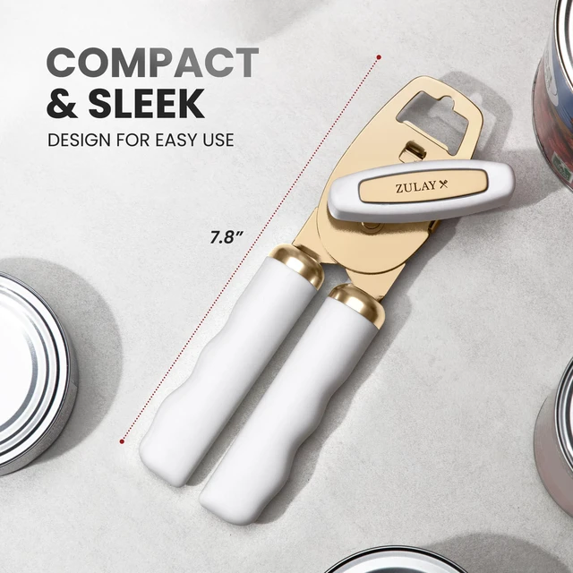 Alt view image 2 of 7 - Heavy Duty Stainless Steel Can Opener Manual with Bottle Opener - Rust Proof Manual Can Opener With Turn Knob & Comfy Soft Grip Handles - White & Gold
