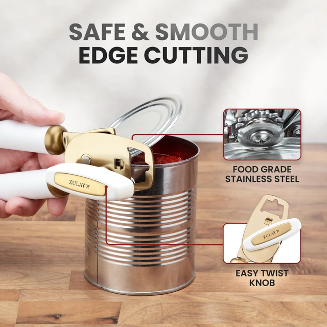 Alt view image 4 of 7 - Heavy Duty Stainless Steel Can Opener Manual with Bottle Opener - Rust Proof Manual Can Opener With Turn Knob & Comfy Soft Grip Handles - White & Gold