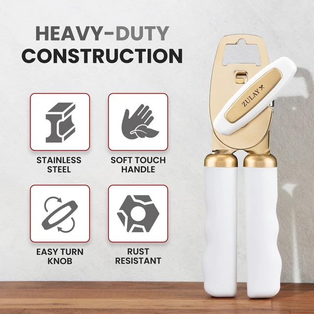 Alt view image 3 of 7 - Heavy Duty Stainless Steel Can Opener Manual with Bottle Opener - Rust Proof Manual Can Opener With Turn Knob & Comfy Soft Grip Handles - White & Gold
