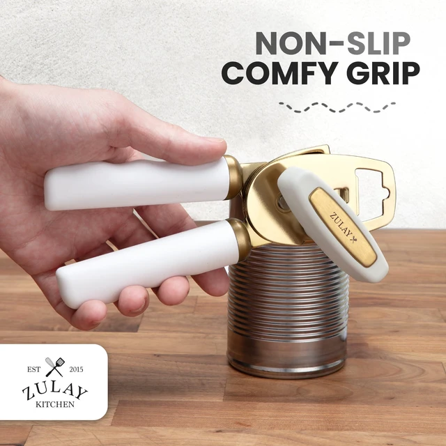 Alt view image 5 of 7 - Heavy Duty Stainless Steel Can Opener Manual with Bottle Opener - Rust Proof Manual Can Opener With Turn Knob & Comfy Soft Grip Handles - White & Gold