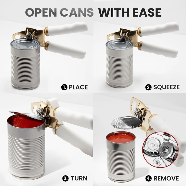 Alt view image 6 of 7 - Heavy Duty Stainless Steel Can Opener Manual with Bottle Opener - Rust Proof Manual Can Opener With Turn Knob & Comfy Soft Grip Handles - White & Gold
