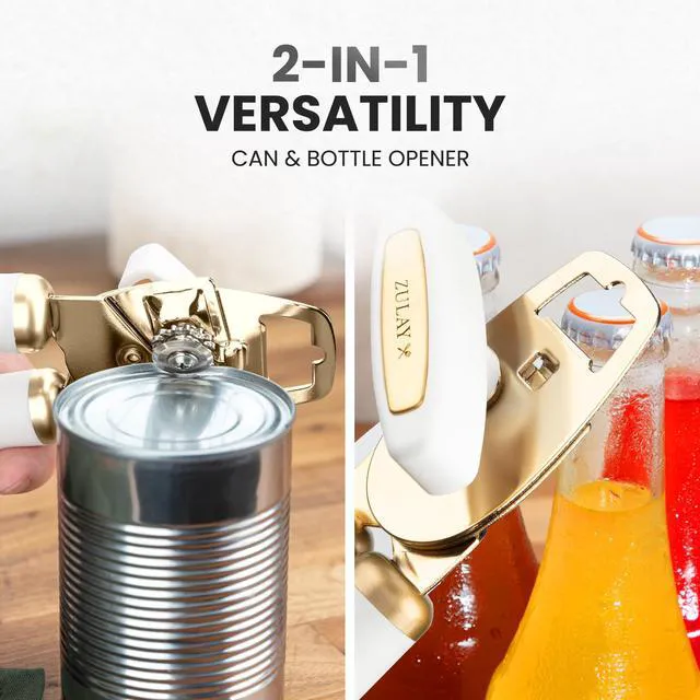 Alt view image 7 of 7 - Heavy Duty Stainless Steel Can Opener Manual with Bottle Opener - Rust Proof Manual Can Opener With Turn Knob & Comfy Soft Grip Handles - White & Gold
