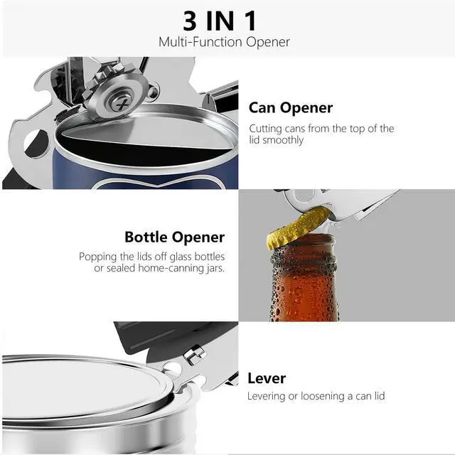 Alt view image 4 of 7 - Can Opener,Professional 3-In-1 Multifunctional Manual Can Openers Bottle Opener,Kitchen Durable Stainless Steel Heavy Duty Can Opener Smooth Edge for Kitchen Seniors Friendly