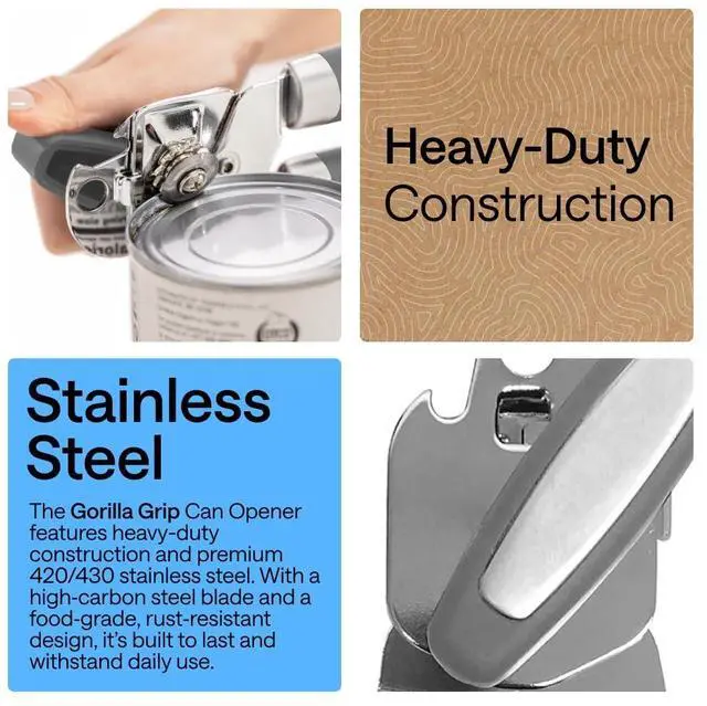 Alt view image 3 of 7 - Original Model Stainless Steel Manual Can Opener, Gray | US Designed, Oversized Handheld Turn Knob, Comfortable Handle for Easy Turning, Multifunctional Kitchen Tool, Open Bottles