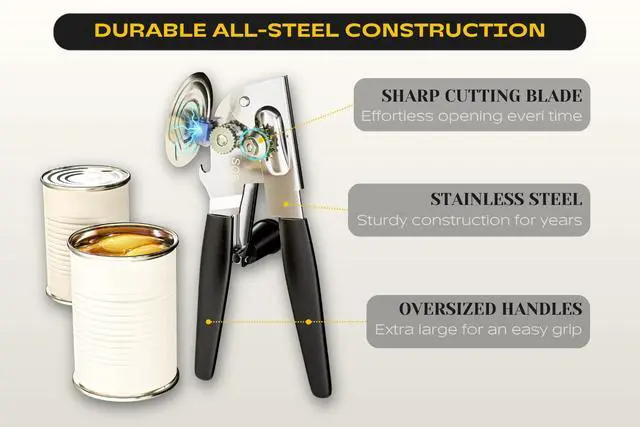 Alt view image 2 of 7 - Heavy Duty Can Opener with Magnet Commercial Can Opener Manual for Seniors & Arthritis - Hand Held, Folding Knob, Smooth Edge, Works on #10 Cans, for Restaurants