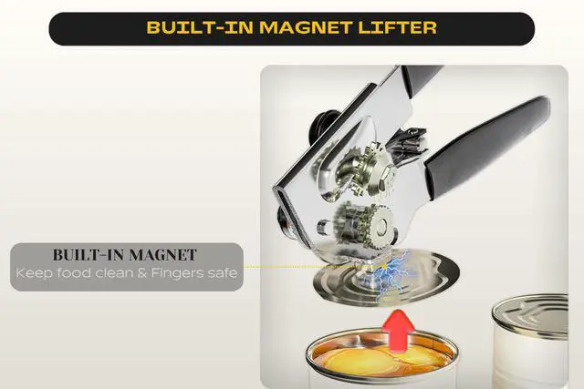 Alt view image 4 of 7 - Heavy Duty Can Opener with Magnet Commercial Can Opener Manual for Seniors & Arthritis - Hand Held, Folding Knob, Smooth Edge, Works on #10 Cans, for Restaurants