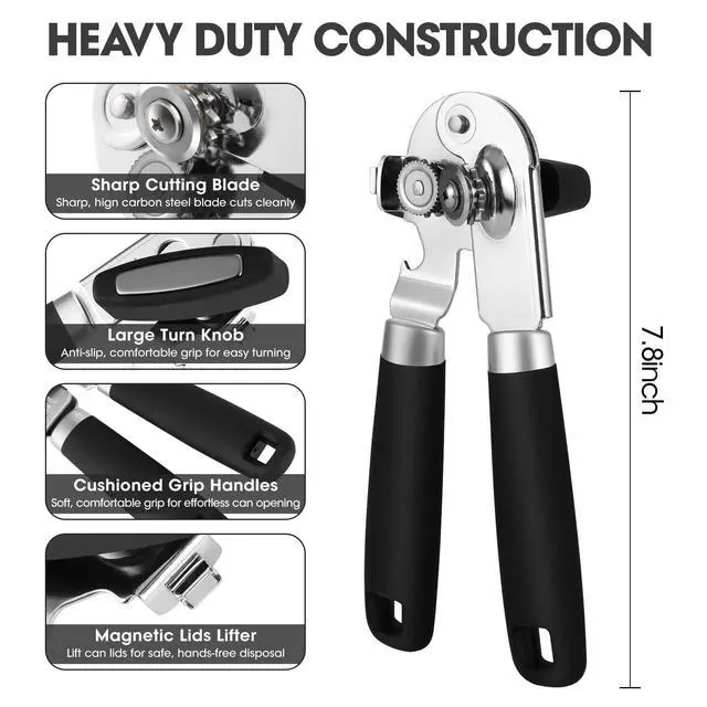 Alt view image 2 of 7 - Hand Held Can Opener Manual with Magnet for Home Kitchen, Black | Easy Work, Premium 420J2 Steel, Magnetic Lid Lifter, Easy-Turn Oversized Knob, Arthritis Friendly, Smooth Edge