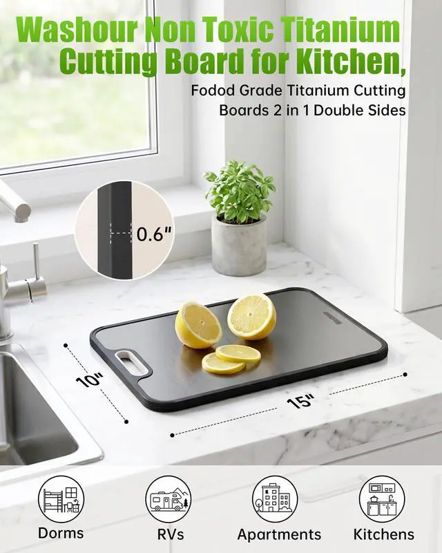Alt view image 2 of 7 - Non Toxic Titanium Cutting Board for Kitchen, Food Grade Titanium Cutting Boards 2 in 1 Double Sides, Non Slip Cutting Mat 15" x 10"