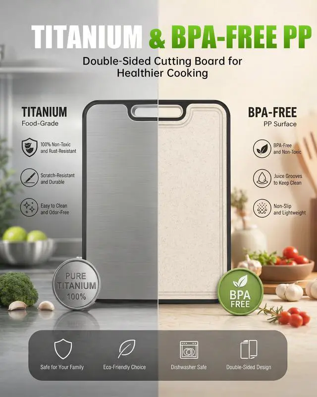 Alt view image 7 of 7 - Non Toxic Titanium Cutting Board for Kitchen, Food Grade Titanium Cutting Boards 2 in 1 Double Sides, Non Slip Cutting Mat 15" x 10"