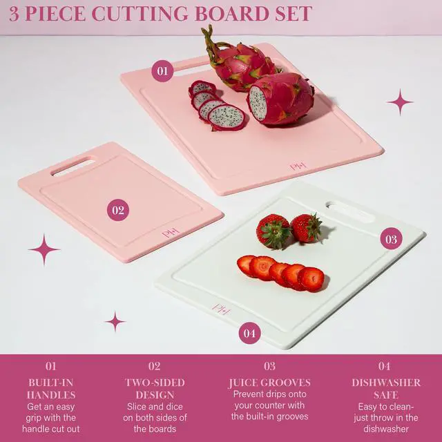 Alt view image 2 of 7 - Cutting Boards for Kitchen, Reversible Dual Sided Plastic Cutting Board Set with Juice Grooves, Easy Grip Handle, Heavy Duty and Made Without BPA, Dishwasher Safe, 3-Piece, Pink and Cream