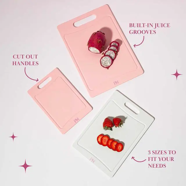 Alt view image 4 of 7 - Cutting Boards for Kitchen, Reversible Dual Sided Plastic Cutting Board Set with Juice Grooves, Easy Grip Handle, Heavy Duty and Made Without BPA, Dishwasher Safe, 3-Piece, Pink and Cream