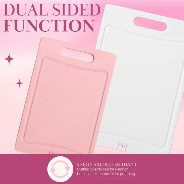 Alt view image 3 of 7 - Cutting Boards for Kitchen, Reversible Dual Sided Plastic Cutting Board Set with Juice Grooves, Easy Grip Handle, Heavy Duty and Made Without BPA, Dishwasher Safe, 3-Piece, Pink and Cream