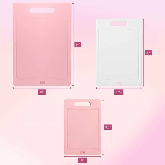 Alt view image 6 of 7 - Cutting Boards for Kitchen, Reversible Dual Sided Plastic Cutting Board Set with Juice Grooves, Easy Grip Handle, Heavy Duty and Made Without BPA, Dishwasher Safe, 3-Piece, Pink and Cream