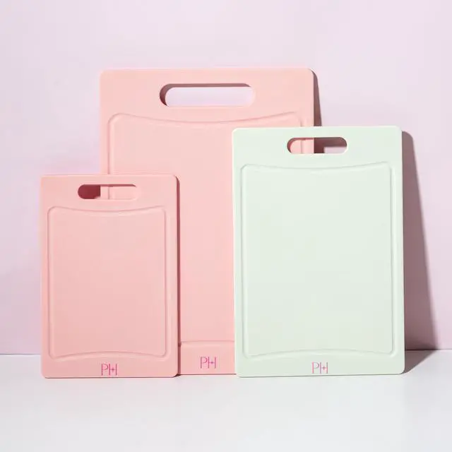 Alt view image 7 of 7 - Cutting Boards for Kitchen, Reversible Dual Sided Plastic Cutting Board Set with Juice Grooves, Easy Grip Handle, Heavy Duty and Made Without BPA, Dishwasher Safe, 3-Piece, Pink and Cream