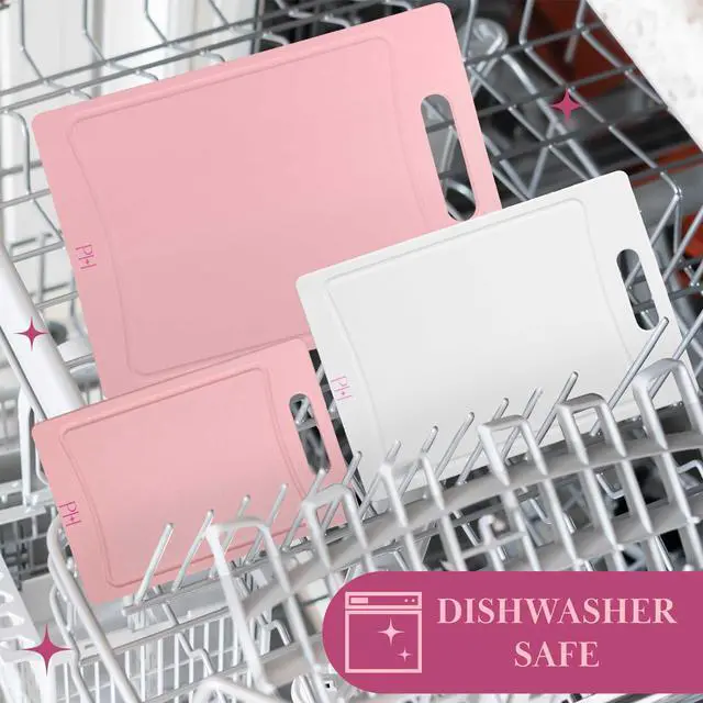 Alt view image 5 of 7 - Cutting Boards for Kitchen, Reversible Dual Sided Plastic Cutting Board Set with Juice Grooves, Easy Grip Handle, Heavy Duty and Made Without BPA, Dishwasher Safe, 3-Piece, Pink and Cream