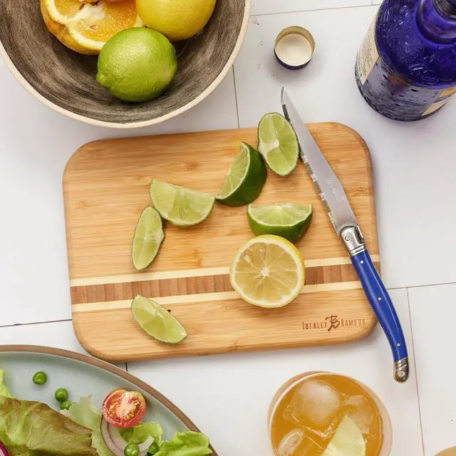 Alt view image 2 of 7 - Barbados Small Bamboo Cutting Board, 9 x 6.5 Inches | Small cutting board for fruit, vegetables, garnishes, and sandwiches. End-grain bamboo inlay adds standout style.