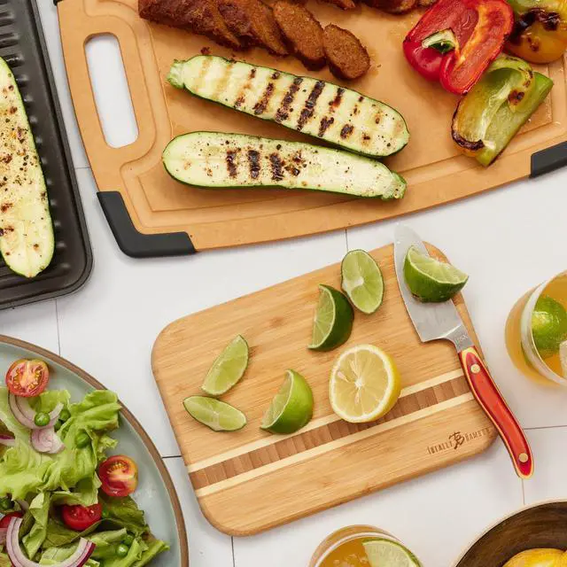 Alt view image 3 of 7 - Barbados Small Bamboo Cutting Board, 9 x 6.5 Inches | Small cutting board for fruit, vegetables, garnishes, and sandwiches. End-grain bamboo inlay adds standout style.