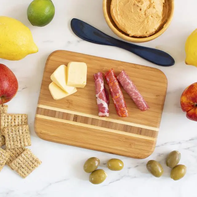 Alt view image 5 of 7 - Barbados Small Bamboo Cutting Board, 9 x 6.5 Inches | Small cutting board for fruit, vegetables, garnishes, and sandwiches. End-grain bamboo inlay adds standout style.