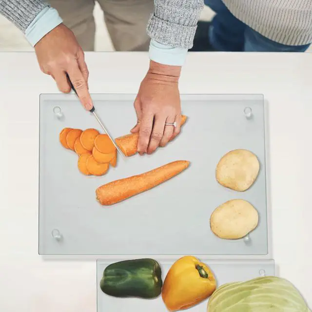 Alt view image 4 of 7 - Tempered Glass Cutting Board for Kitchen, Clear Glass Board for Countertop, Heat Resistant, with Non-Slip Feet, 12x16" & 12x8" 2 Pcs Clear