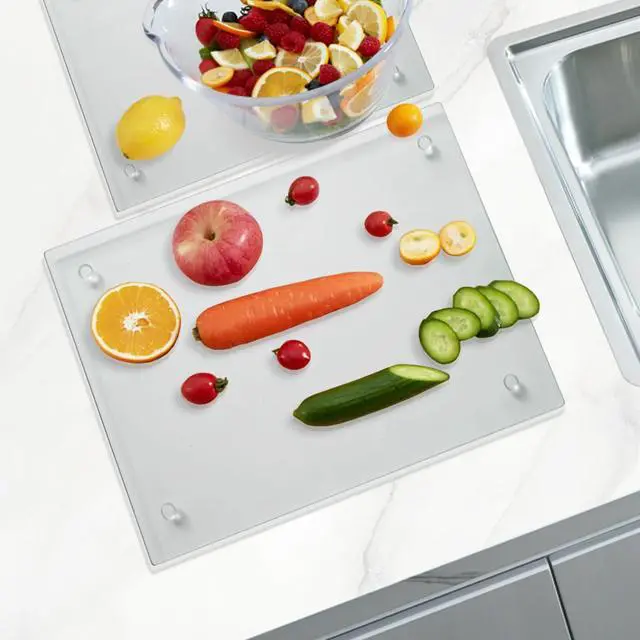 Alt view image 5 of 7 - Tempered Glass Cutting Board for Kitchen, Clear Glass Board for Countertop, Heat Resistant, with Non-Slip Feet, 12x16" & 12x8" 2 Pcs Clear