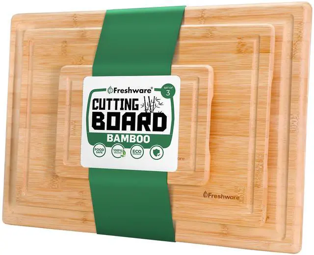 Main image of Wood Cutting Boards for Kitchen - Bamboo Cutting Board Set of 3, Cutting Boards with Juice Grooves, Serving Board Set, Chopping Board for Meat, Veggie, Easy Grip Handle (9x6", 12x8", 15x10")